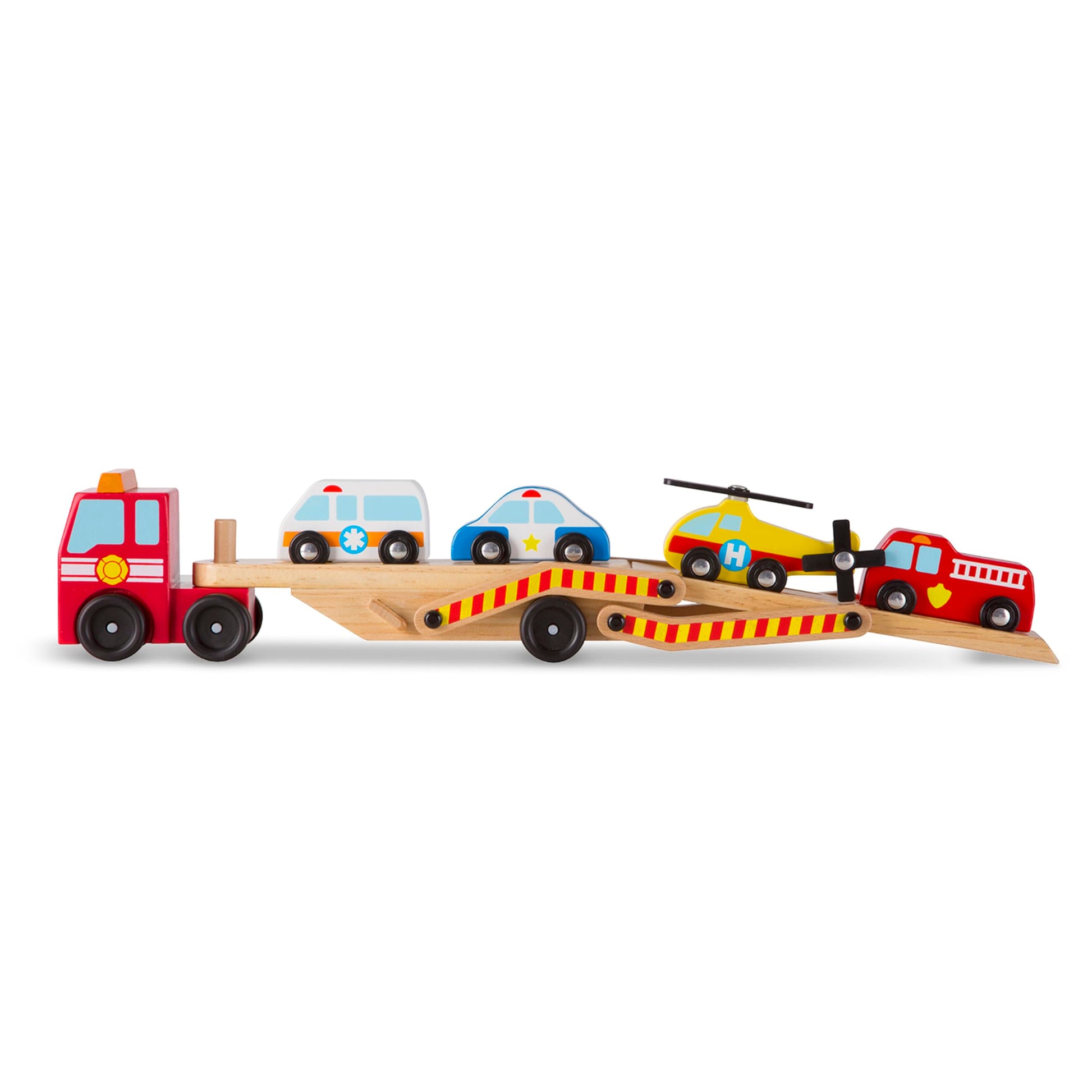 Melissa & Doug Wooden Emergency Vehicle Carrier Truck With 1 Truck and 4 Rescue Vehicles - WoodArtSupply