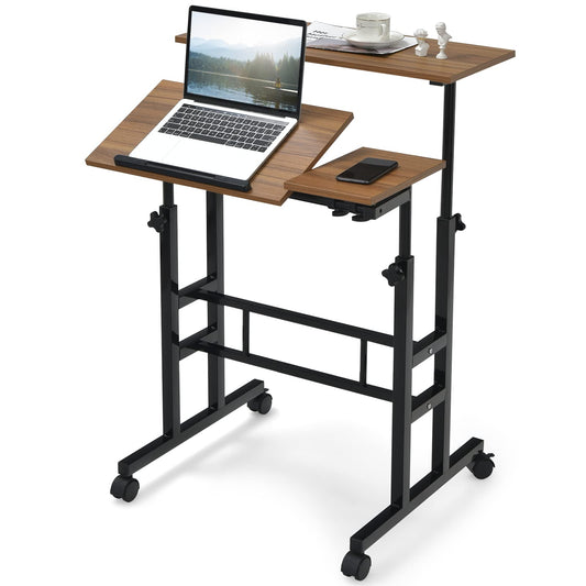 Tangkula Mobile Standing Desk Stand Up Desk, Height Adjustable Home Office Desk with Standing & Seating 2 Modes, Tilting Tabletop & Flexible Wheels, - WoodArtSupply