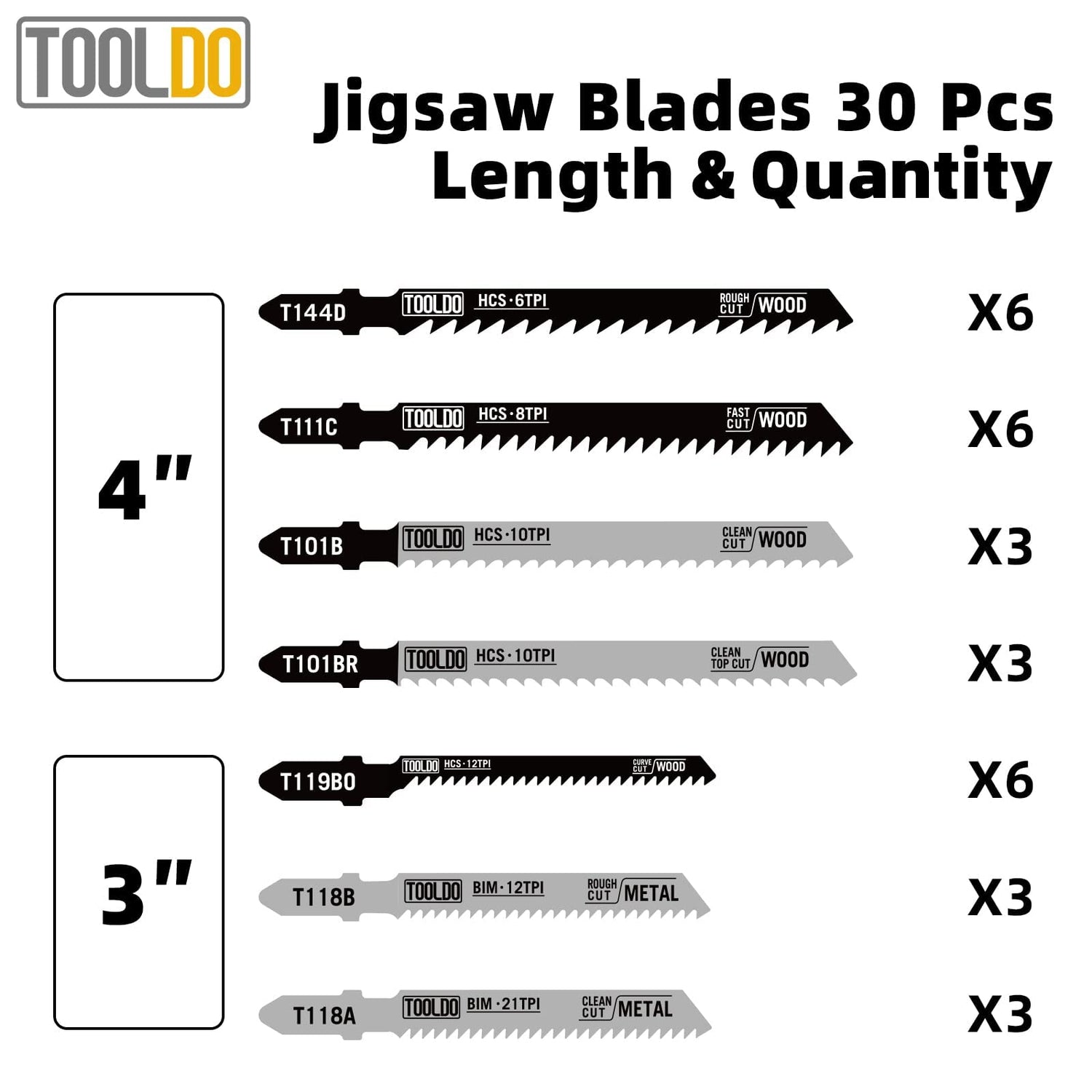 TOOLDO Jigsaw Blades Set 30 Piece, Assorted Professional Jig Saw Blades for T-Shank,Wood and Metal Cutting, Replacement Saw Blade for Dewalt, TOOLDO