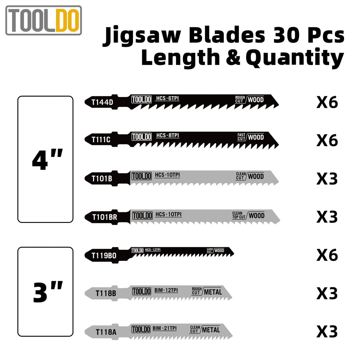 TOOLDO Jigsaw Blades Set 30 Piece, Assorted Professional Jig Saw Blades for T-Shank,Wood and Metal Cutting, Replacement Saw Blade for Dewalt, TOOLDO