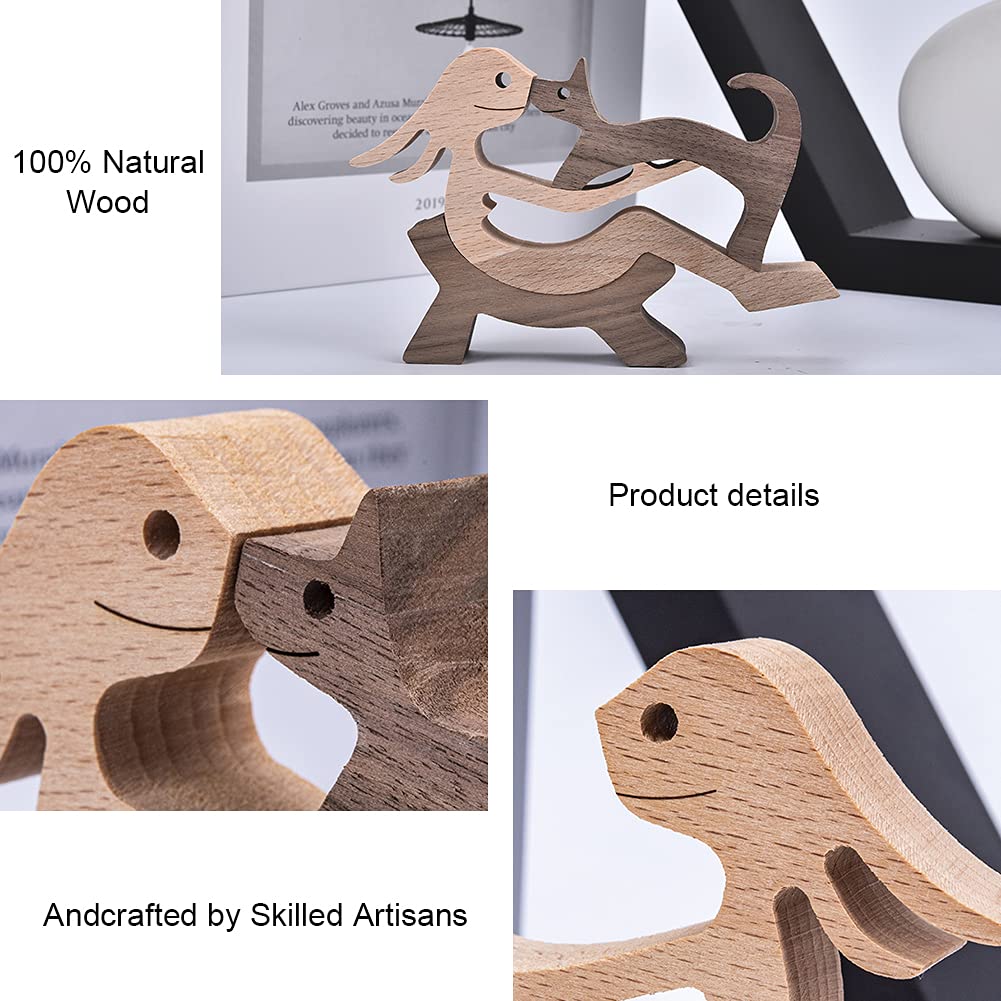 BOBO BIRD Wooden Dog Cat Family Statue, Handmade Wood Decoration, Cute Puppy, Kitty and People Statue Sculpture Ornament Collectible Figurine Craft - WoodArtSupply