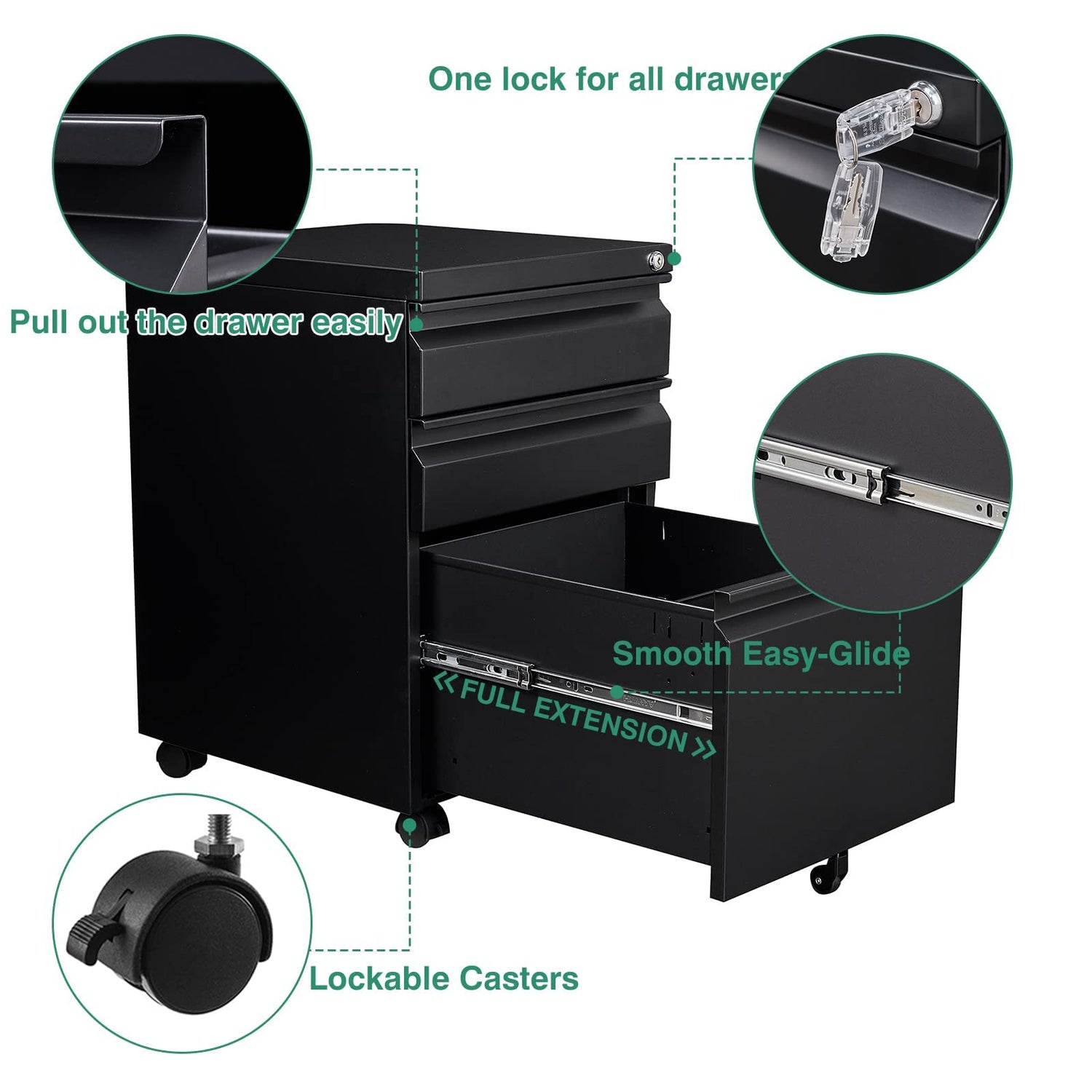 SISESOL 3 Drawer File Cabinet with Lock, Under Desk Metal Filing Cabinet for Home Office,Lockable Rolling File Cabinet with 2 Keys for SISESOL