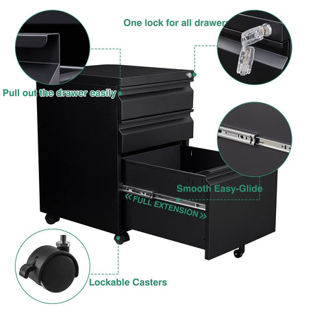 SISESOL 3 Drawer File Cabinet with Lock, Under Desk Metal Filing Cabinet for Home Office,Lockable Rolling File Cabinet with 2 Keys for SISESOL