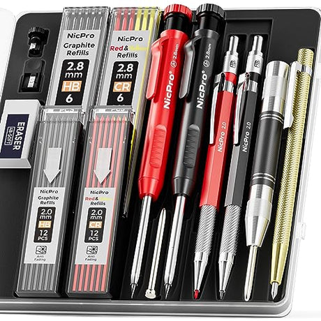Nicpro 15 Pack Carpenter Pencil Set with Sharpener, Mechanical Carpenter Pencils with 40 Refill, Automatic Center Puncha and Carbide Scribe Tool, Nicpro