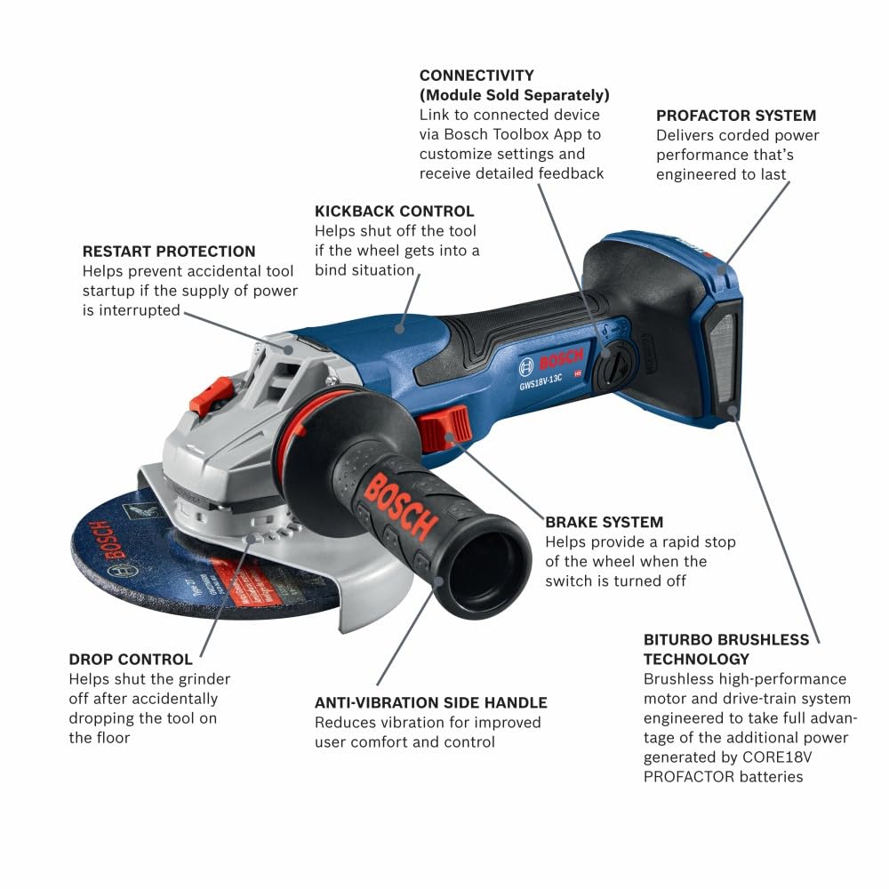 BOSCH GWS18V-13CN PROFACTOR™ 18V Connected-Ready 5 – 6 In. Angle Grinder with Slide Switch (Bare Tool), Grey,blue,black - WoodArtSupply