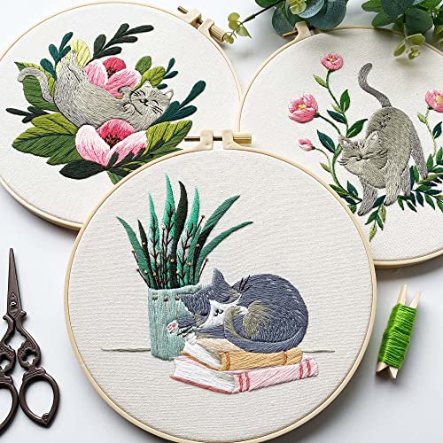 Myfelicity Cat Embroidery Kit 3 Patterns Fabric Threads Needles Hoops Instructions - WoodArtSupply