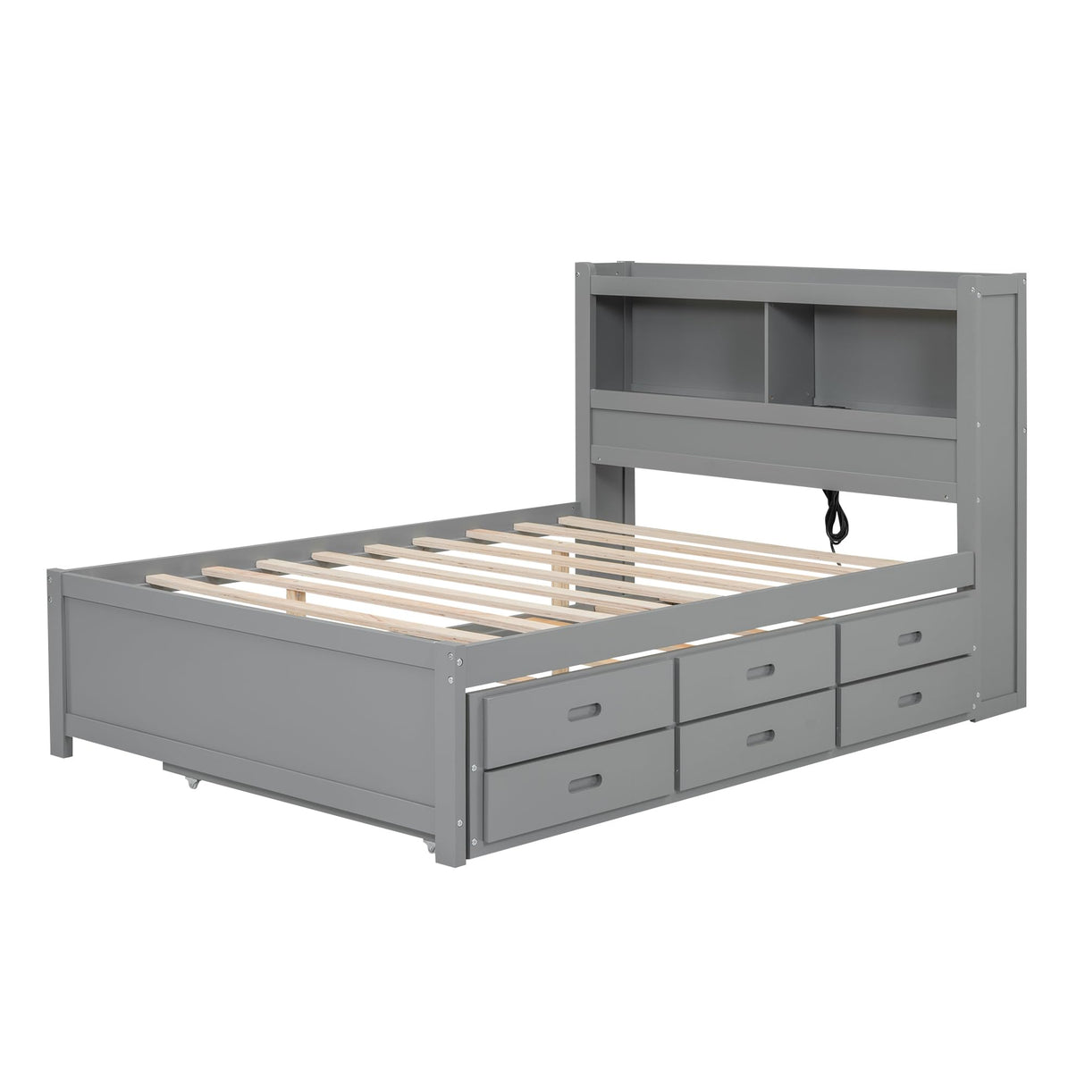 Harper & Bright Designs Grey Full Size Bed with Trundle, Bookcase Headboard, and USB Charging Station Harper & Bright Designs