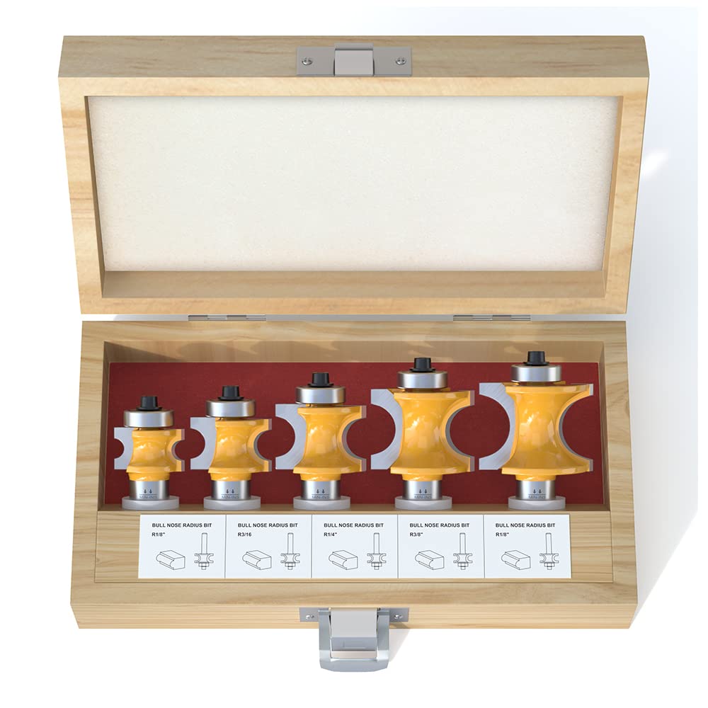 Fivepears 5Pcs Bullnose Router Bit Set 1/2 Shank, Bearing Half Round Router Bits for Woodworking, Carbide Tipped Edge Bits for Cutting Door Cabinet FIVEPEARS