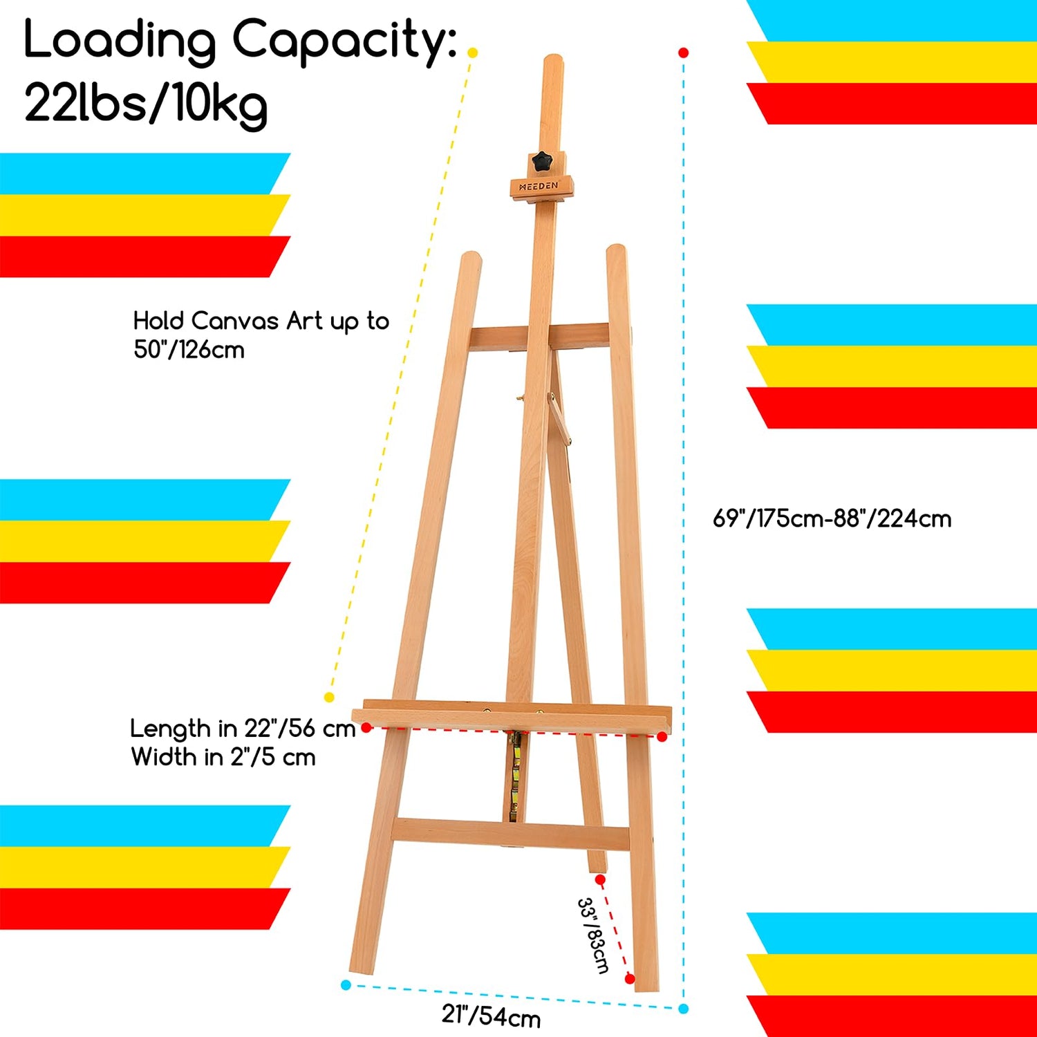 MEEDEN Large Basic Studio Easel, Solid Beech Wood Artist Easel,A-Frame Floor Painting Easel,Adjustable Height and Working Angles, Hold Canvas up to MEEDEN