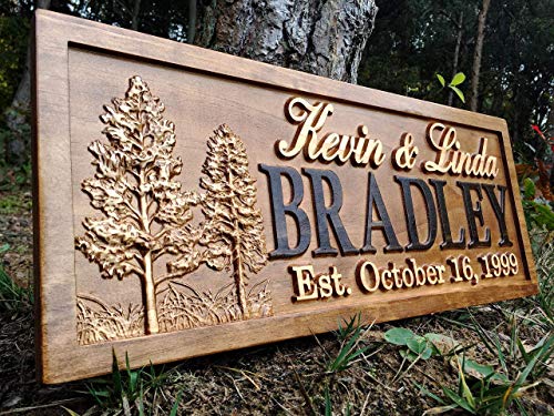 Rustic Wedding Signs Wood Wall Art Personalized Couples Gift Ideas Family Last Name Custom Name Sign Lakehouse Hunting Lodge Home Decor Tree Carved 3D Woodworker