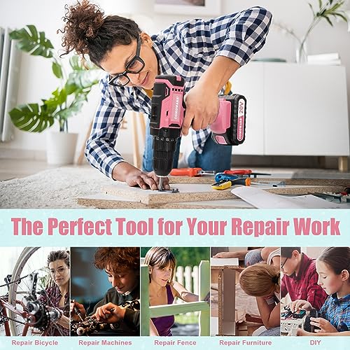 COMOWARE Cordless Drill Set, 20V Power Drill, Pink Drill Set for Women, 1 Battery & Charger, 3/8" Keyless Chuck, 2 Variable Speed, 266 In-lb Torque, COMOWARE