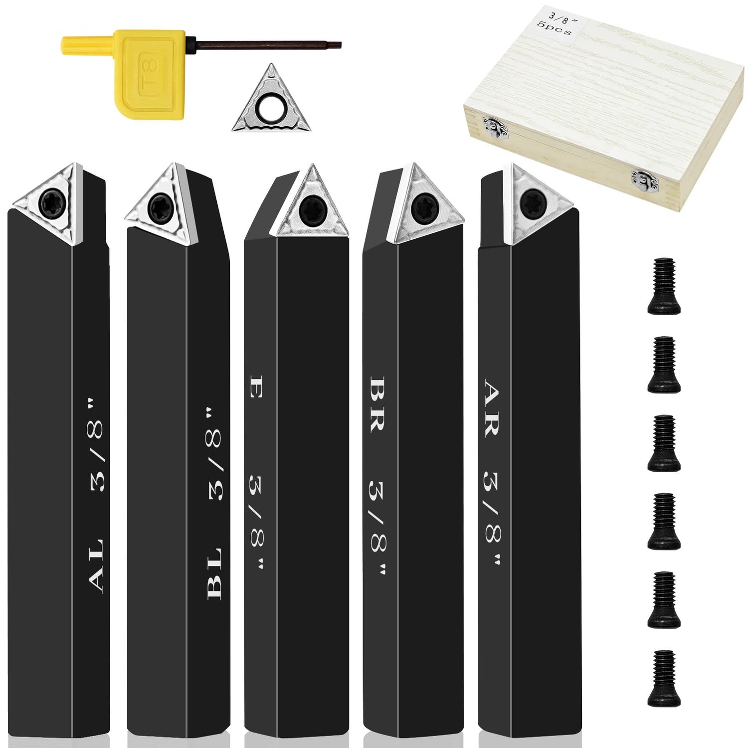SENDUO 3/8" Indexable Carbide Turning Inserts Holder Set for Machining Lathes, 5 Pcs Set Metal Lathe Tools Inserts Bits with Carbide Inserts SENDUO