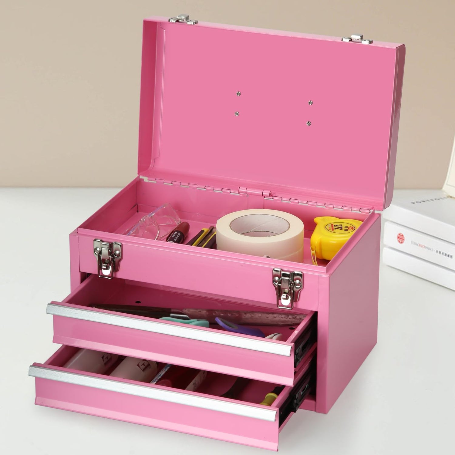 14 Inch Steel Portable Tool Box with drawers - Tool Storage Box Organizer with Metal Latch Closur - Powder Coated Toolbox Chest for Tools Storage TWUBLK