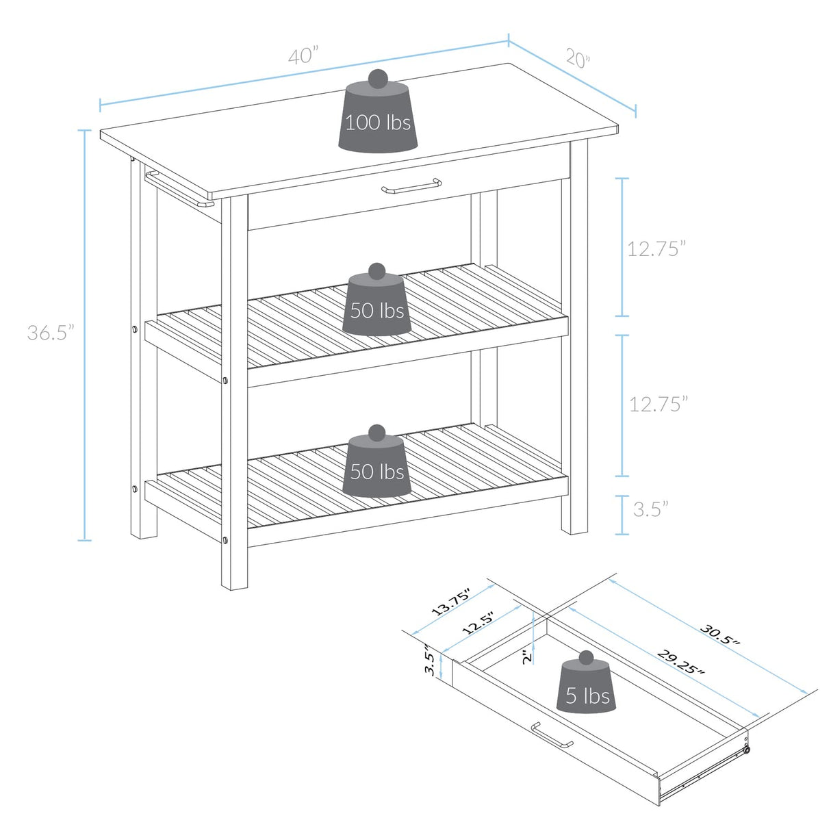 Casual Home Solid Hardwood Top, Slate Gray, 40" W (373-932) Kitchen Island Casual Home
