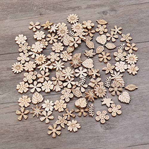 MILISTEN Wooden Flowers 100Pcs Mini Wooden Slice Wood Discs Slices Flower Leaf Grass Slices Unfinished Wooden Cutouts Craft DIY Decoration