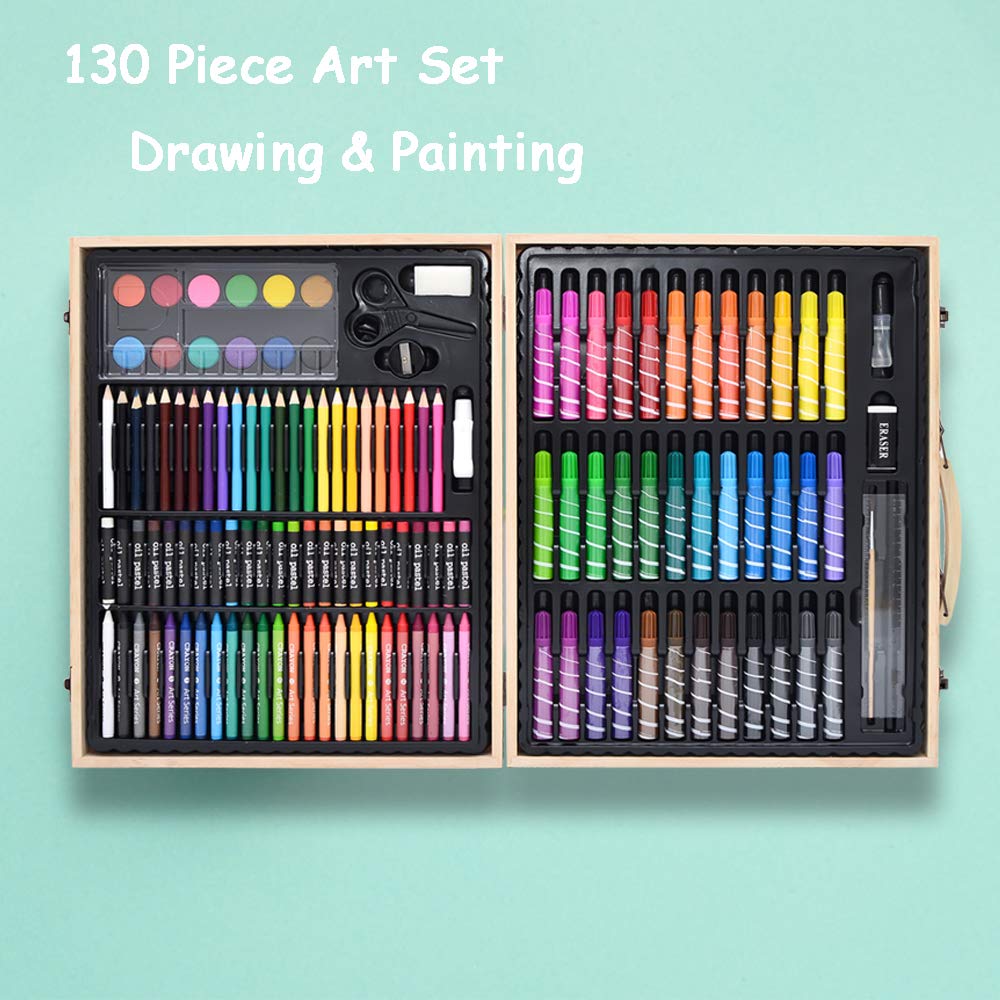 Darnassus 130-Piece Art Set, Deluxe Professional Color Set, with Compact Portable Wooden Case, Art Kit Gift for 4-12 Age Darnassus