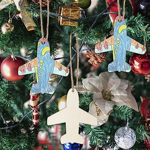 Plane Shape Hanging Wood Aircraft Unfinished Wood with Twines DIY Craft Ornament for Christmas Wedding Birthday Thanksgiving Party Space Theme Party Lamantery