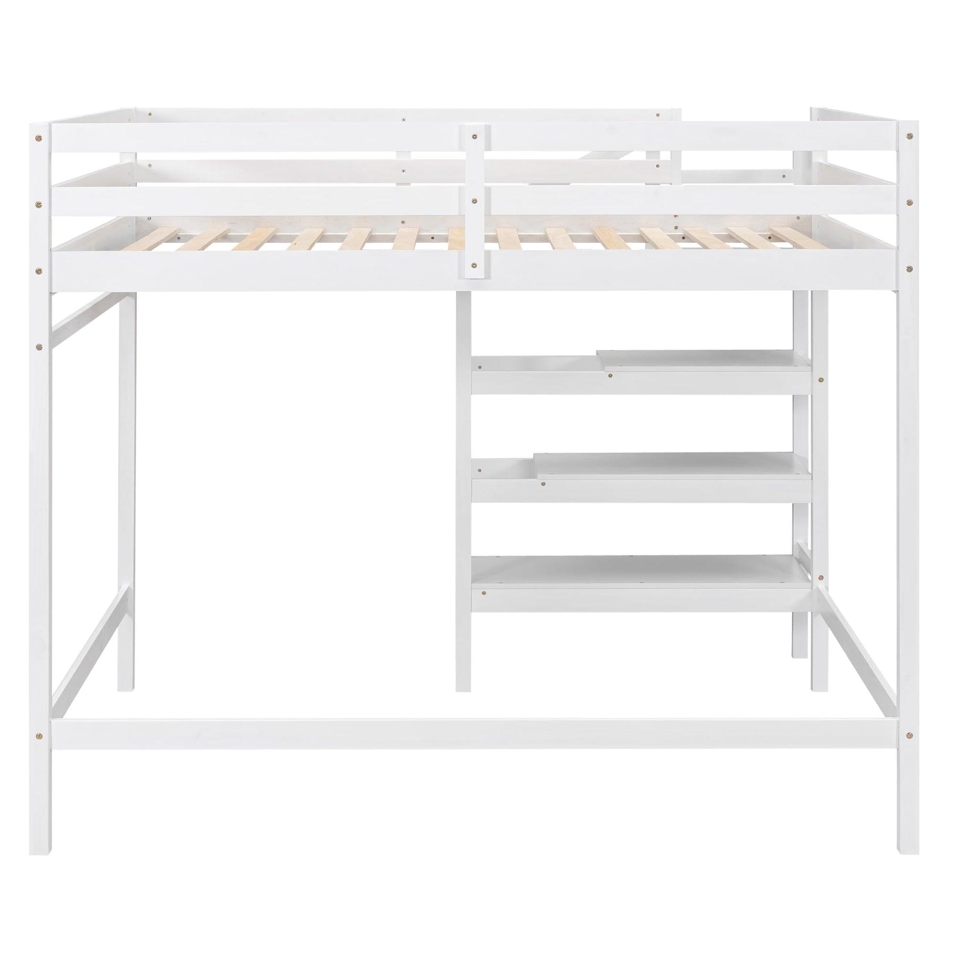 Harper & Bright Designs White Full Size Loft Bed with Stairs, Hanging Rod, and Storage Shelf for Kids - WoodArtSupply