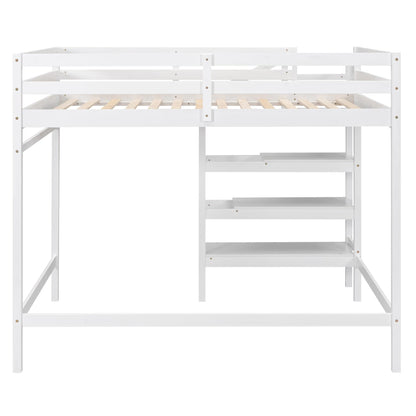 Harper & Bright Designs White Full Size Loft Bed with Stairs, Hanging Rod, and Storage Shelf for Kids - WoodArtSupply