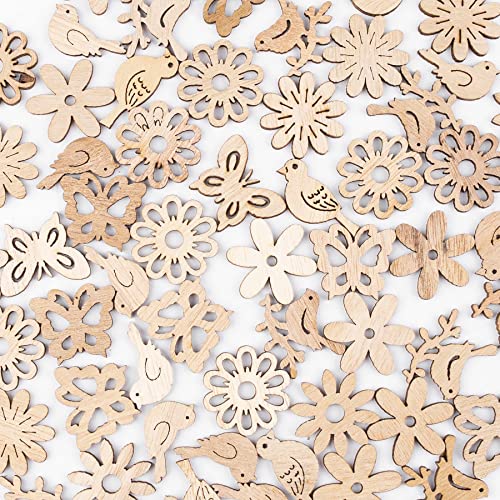 AUEAR, 300 Pack Wooden Embellishments Butterfly Flower Bird Slices Discs Unfinished Wooden Cutouts Wood Ornaments for Crafts DIY Handmade Decoration AUEAR