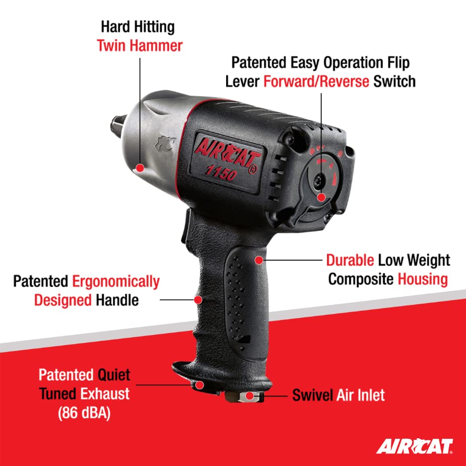 AIRCAT Pneumatic Tools 1150 1/2-Inch Drive Killer Torque Composite Impact Wrench 1295 ft-lbs, with coupler set AIRCAT