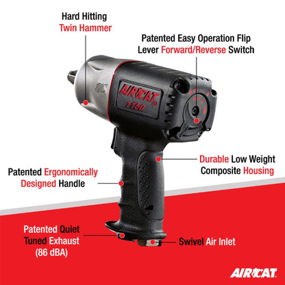 AIRCAT Pneumatic Tools 1150 1/2-Inch Drive Killer Torque Composite Impact Wrench 1295 ft-lbs, with coupler set