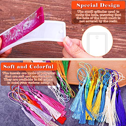 Bookmark Mold with Tassles, Caffox Bookmark Mold Kit with 100pcs Bookmark Tassels Bulk and 10pcs Rectangle Silicone Bookmark Mold for Epoxy Resin Caffox