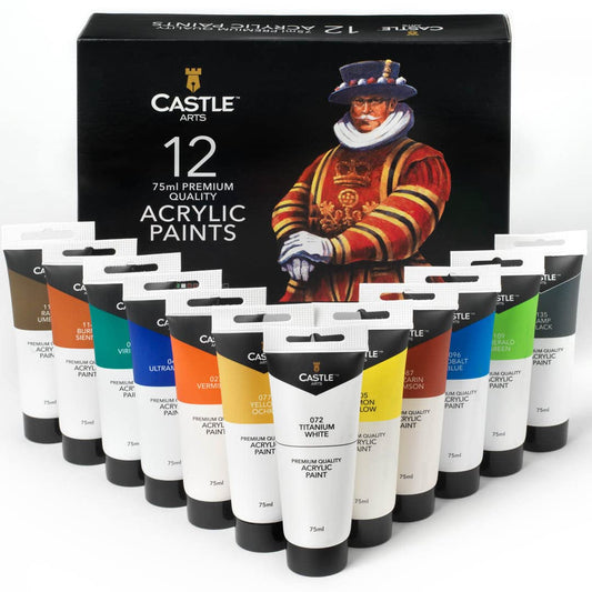 Castle Art Supplies 12 Large Acrylic 75ml Paint Tubes Set for Adults Beginner Artists Students | Ideal for Canvas Wood Ceramic Fabric and Nail Art