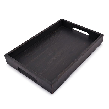 EDHAS Acacia Wood Rectangle BLACK Serving Tray for Breakfast Dinner Drinks Kitchen Dining Living Bathroom With Handle (15" x 10" x 1.6") - WoodArtSupply