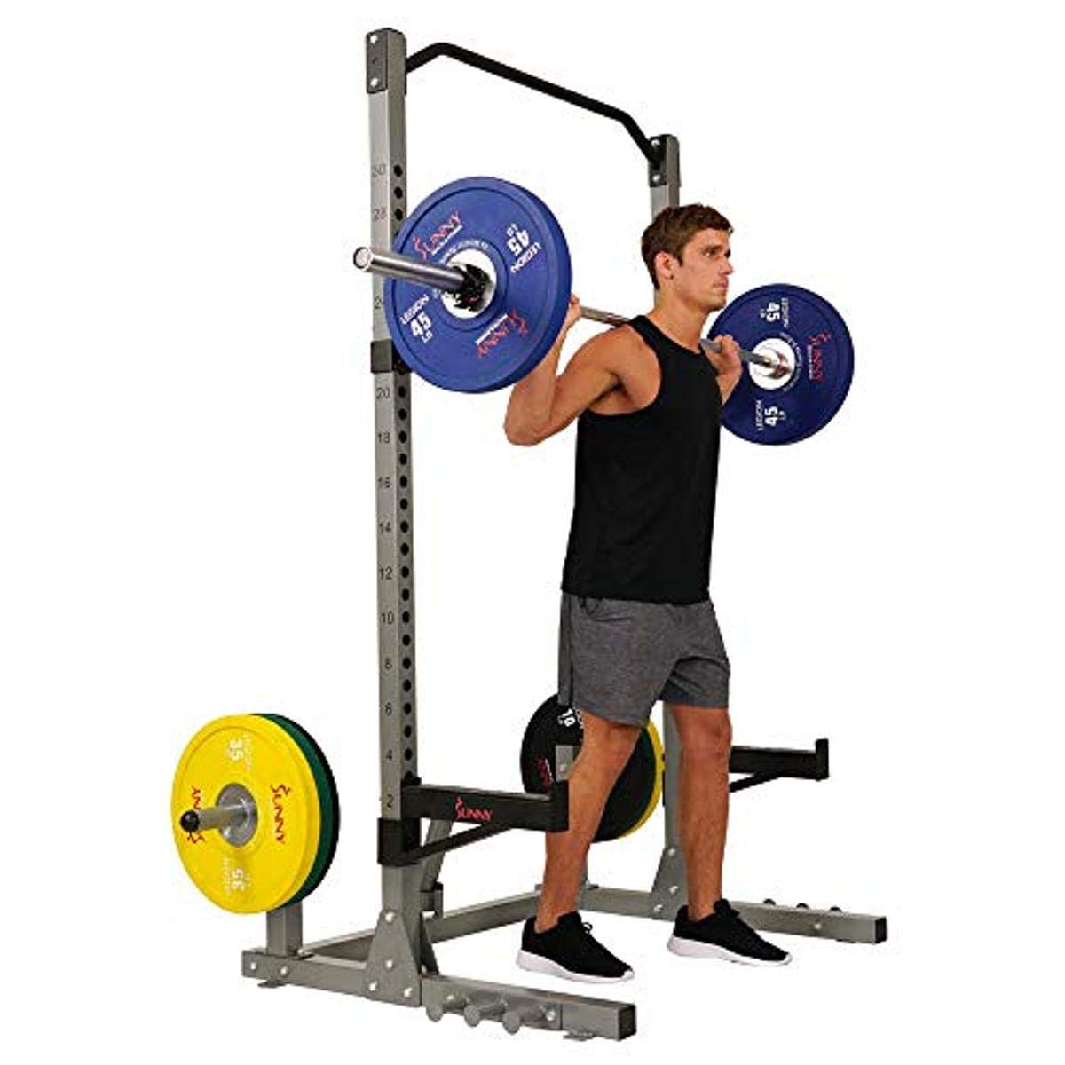 Sunny Health & Fitness Power and Squat Rack with High Weight Capacity, Olympic Weight Plate Storage and 360° Swivel Landmine and Power Band Sunny Health & Fitness
