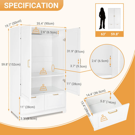 VINGLI Wide White Armoire Wardrobe Closet with Adjustable Shelves and Drawers, 60" Freestanding Closet Wardrobe Cabinet, Armoires and Wardrobes with VINGLI