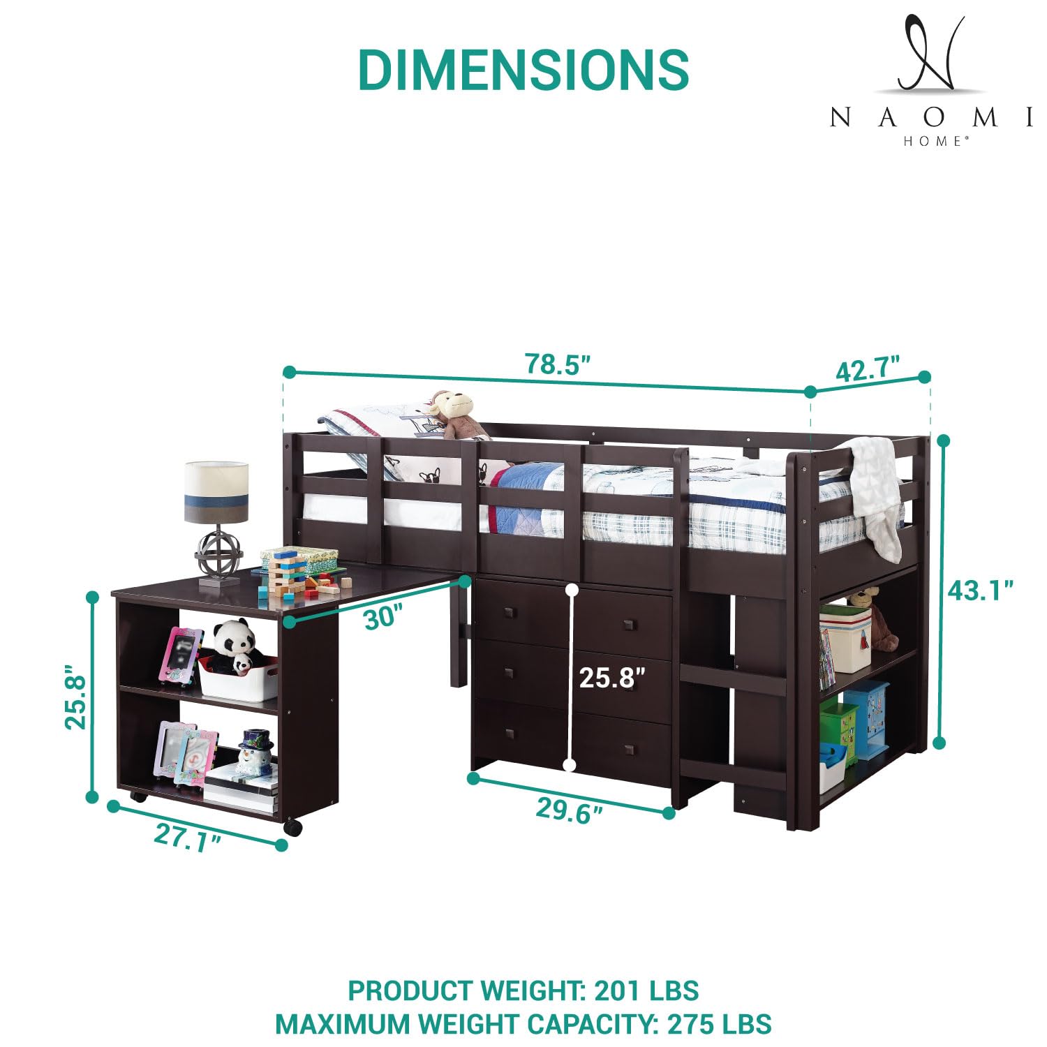 Naomi Home Twin Loft Bed with Desk and Storage - Space-Saving Kids Bed in Espresso Naomi Home