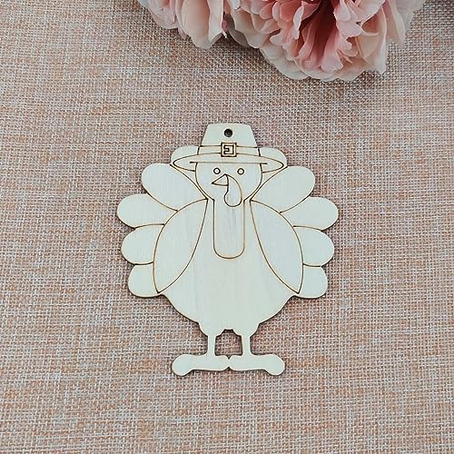 Creaides 20pcs Turkey Wood Cutouts DIY Crafts Wooden Turkey Shaped Hanging Tags with Hole Hemp Ropes for Fall Harvest Thanksgiving Christmas Party