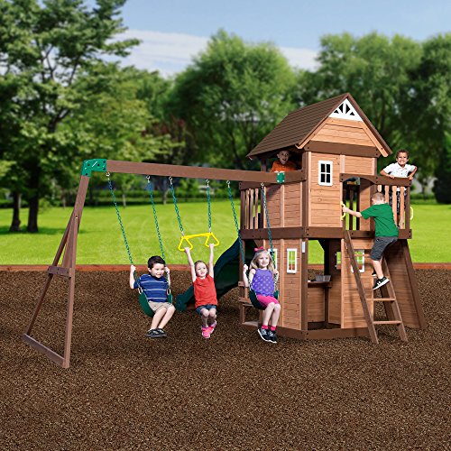 Backyard Discovery Mount Triumph All Cedar Swing Set, Covered Upper Clubhouse, Telescope, Steering Wheel, Lower Playhouse, Sink, Stove, Plastic Food, Backyard Discovery