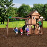 Backyard Discovery Mount Triumph All Cedar Swing Set, Covered Upper Clubhouse, Telescope, Steering Wheel, Lower Playhouse, Sink, Stove, Plastic Food, Backyard Discovery
