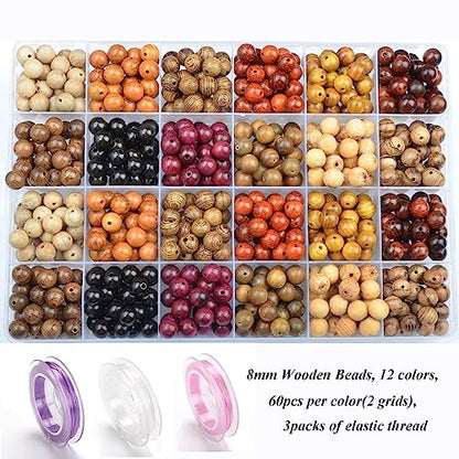 8mm Natural Mixed Wooden Round Loose Beads Jewelry Making KIT with Thread and Needles 720 PCS(12 Wooden, 8mm) - WoodArtSupply