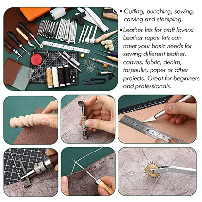 Leather Crafting Tools and Supplies, Leather Tooling Kit with Prong Punch Groovers Cutting Mat Stamping Tools Leather Working Kit for Beginners