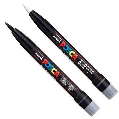 Uni Posca PCF-350 Brush Tipped Paint Marker Art Pen - Fabric Glass Metal Pen - Black & White Set (1 of Each)