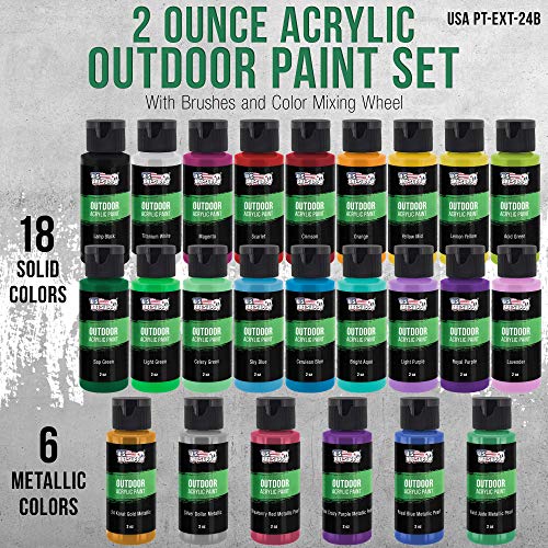 U.S. Art Supply Professional 24 Color Set of Outdoor Acrylic Paint in 2 Ounce Bottles, Plus a 7-Piece Brush Kit - Vivid Colors for Artists, Students