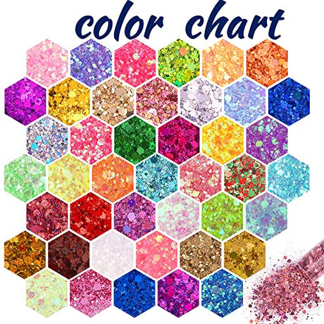 Holographic Chunky and Fine Glitter Mix, 45 Colors Festival Sequins & Glitter Powder, Iridescent Glitter Flakes, Cosmetic Face Body Eye Hair Nail Art Linwulte