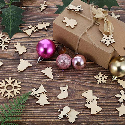 Hestya 150 Pieces Wooden Ornaments Mini Christmas Theme Natural Wood Slices Decorative Wooden Cutout Slices for Christmas Tree Ornaments Hanging DIY