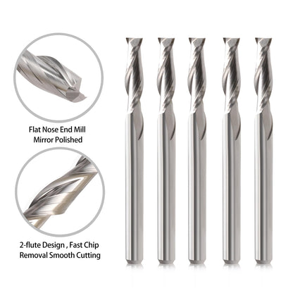 CNC Router Bits 1/8" Shank CNC Bit End Mill 1/16" Cutting Dia Flat Nose Carbide Endmill Two Flute Spiral Upcut Milling Cutter Tool Set for Wood PVC