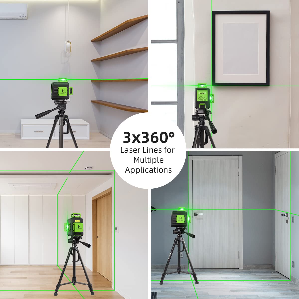 Huepar 3x360 Self-leveling Cross-Line Laser Level, 3D Green Beam Three-Plane Leveling and Alignment Laser Tool with 47" Lightweight Extendable Tripod - WoodArtSupply