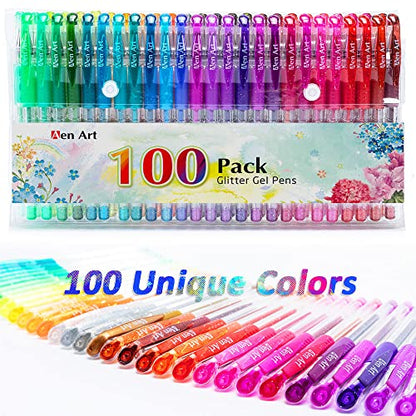 Glitter Gel Pens, 100 Color Glitter Pen Set for Making Cards, 30% More Ink Neon Glitter Gel Marker for Adult Coloring Books, Journaling Crafting