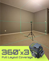 LasGoo LG-3D Laser Level Self Leveling 3x360°, 3D Green Beam Cross Line Laser for Construction and Picture Hanging, 2 Rechargeable Batteries (20 LASGOO