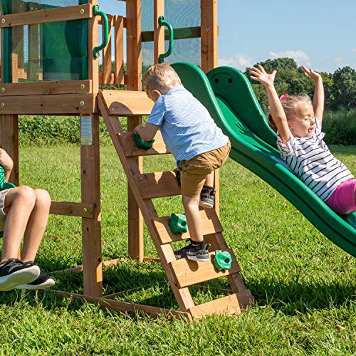 Backyard Discovery Buckley Hill Wooden Swing Set, Made for Small Yards and Younger Children, Two Belt Swings, Covered Mesh Fort with Canopy, Rock Backyard Discovery