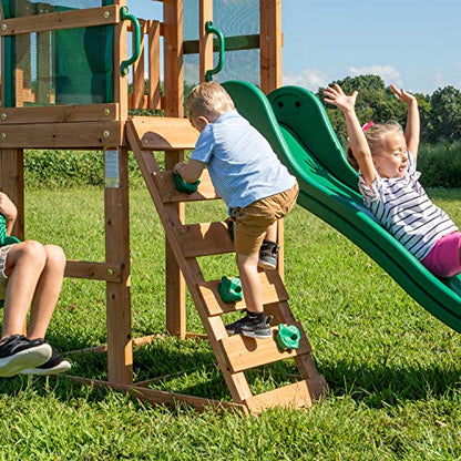 Backyard Discovery Buckley Hill Wooden Swing Set, Made for Small Yards and Younger Children, Two Belt Swings, Covered Mesh Fort with Canopy, Rock - WoodArtSupply