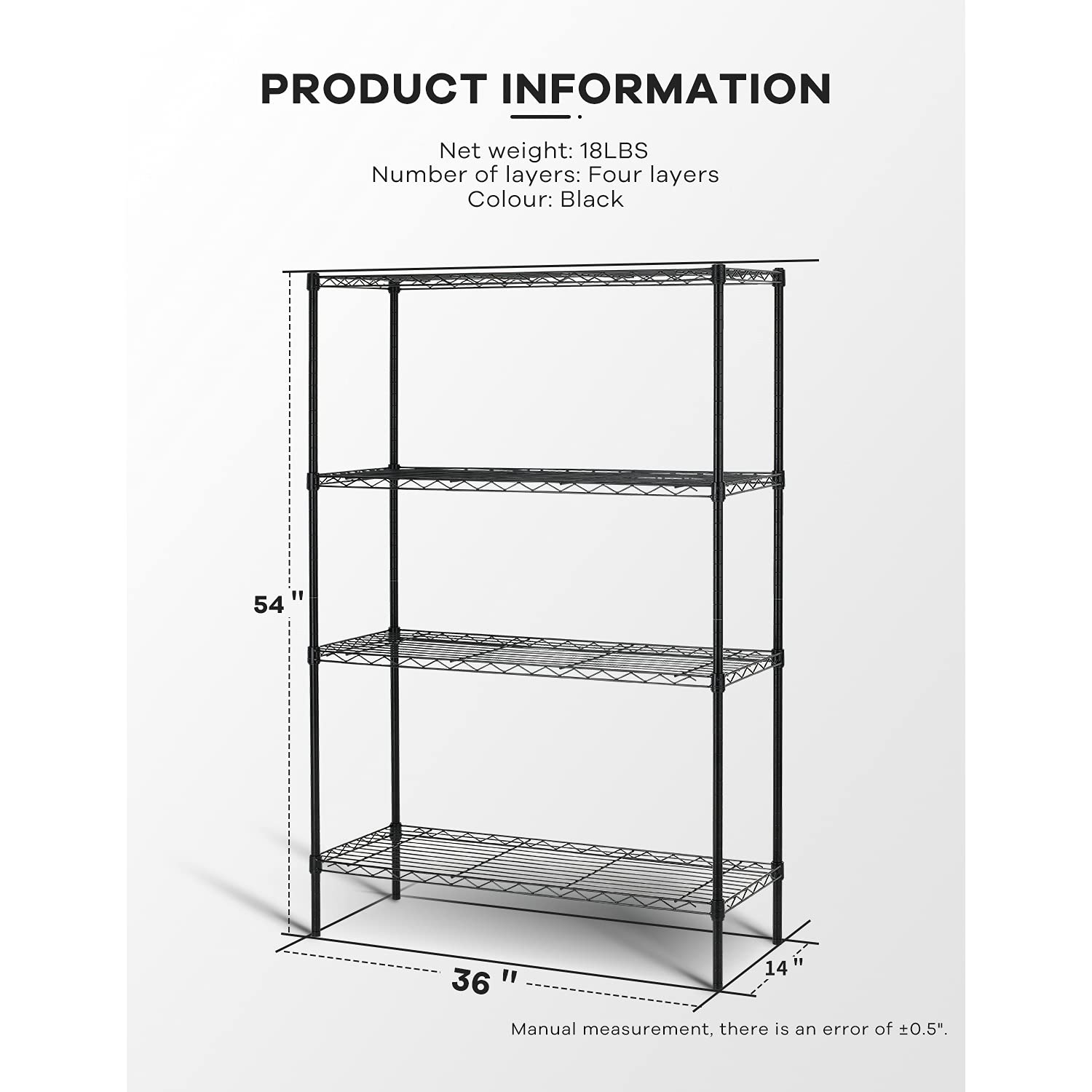 HCY 4-Tier Wire Shelving Unit Storage Shelves Shelf Organizer 54inx36inx14in Heavy Duty Metal Rack NSF Height Adjustable for Laundry Bathroom Kitchen HCY