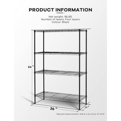 HCY 4-Tier Wire Shelving Unit Storage Shelves Shelf Organizer 54inx36inx14in Heavy Duty Metal Rack NSF Height Adjustable for Laundry Bathroom Kitchen