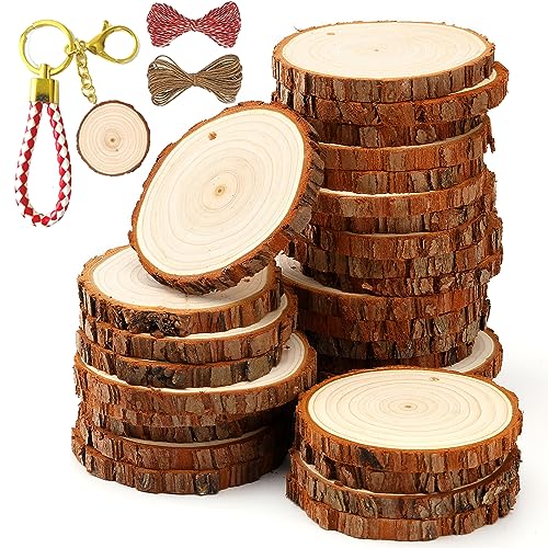 SENMUT Unfinished Wood Slices 30pcs 2.4"-2.85" Wood Circles for Crafts, Predrilled Natural Wood Rounds, Wooden Discs Perfect for DIY, Artistic Creations & Christmas Wood Ornaments for Crafts